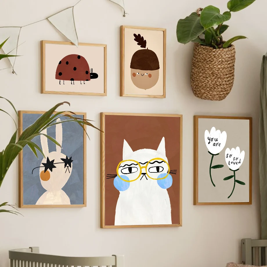 Wall Art Canvas Painting Nordic Rabbit Cat Goose Dinosaur Flower Pear Insect Poster Prints Nursery Pictures Baby Kids Room Decor