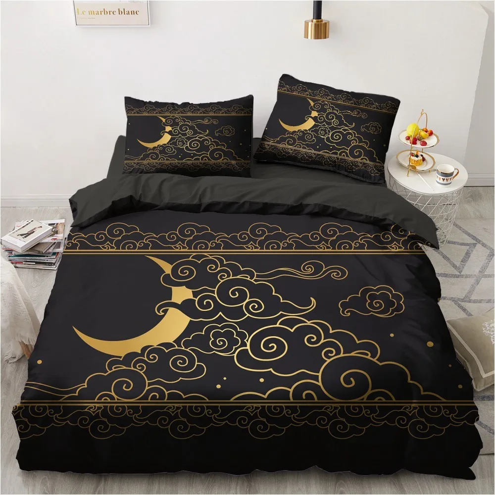 

3D Black Bedding Set Pillowcase King Queen Full Single 200x200 Bed Linen Gold Design 3D Printed Duvet Cover Set for Teens Women
