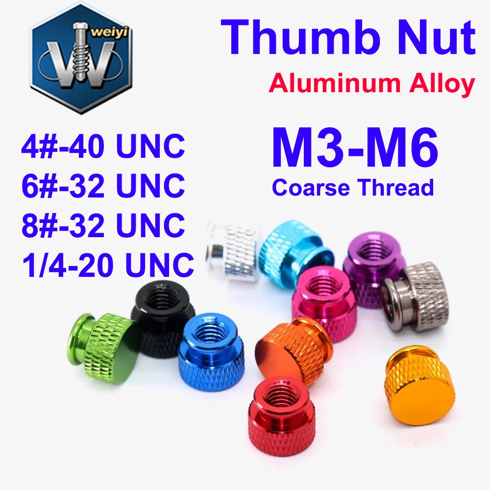 Weiyi GB806 4# 6# 8# 1/4-20 UNC M3-M6 Coarse Knurled Thumb Nuts Colorful Aluminum Hand Tighten Blind Hole Screws for 3D Printers