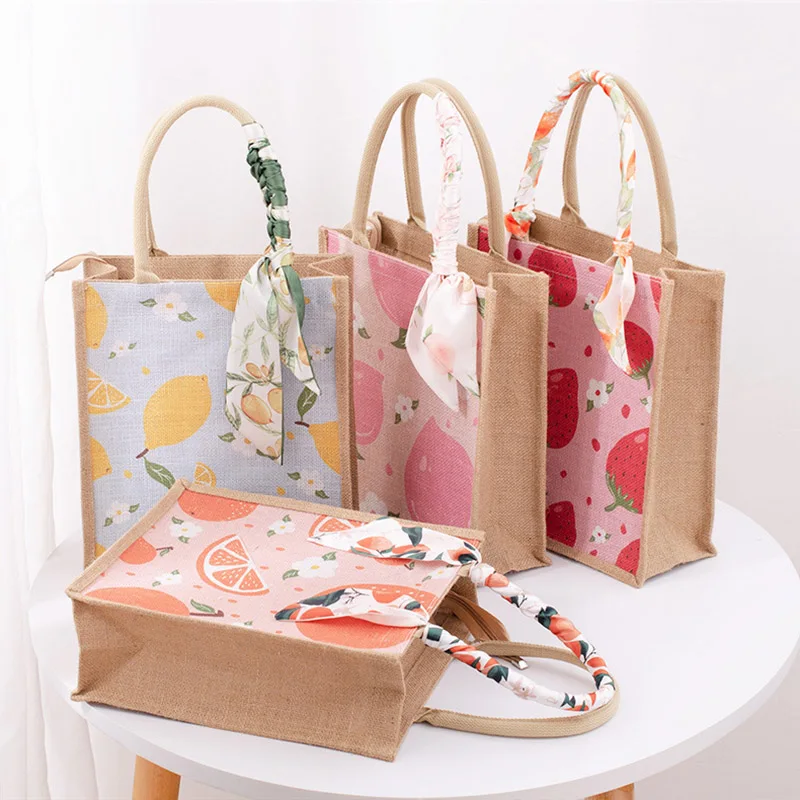 

Burlap Handbags Fruit Design Jute Bags Shopping Gunnysack Fruit Sachet Jute Bolsa Handbags For Travelling Can Customized Design