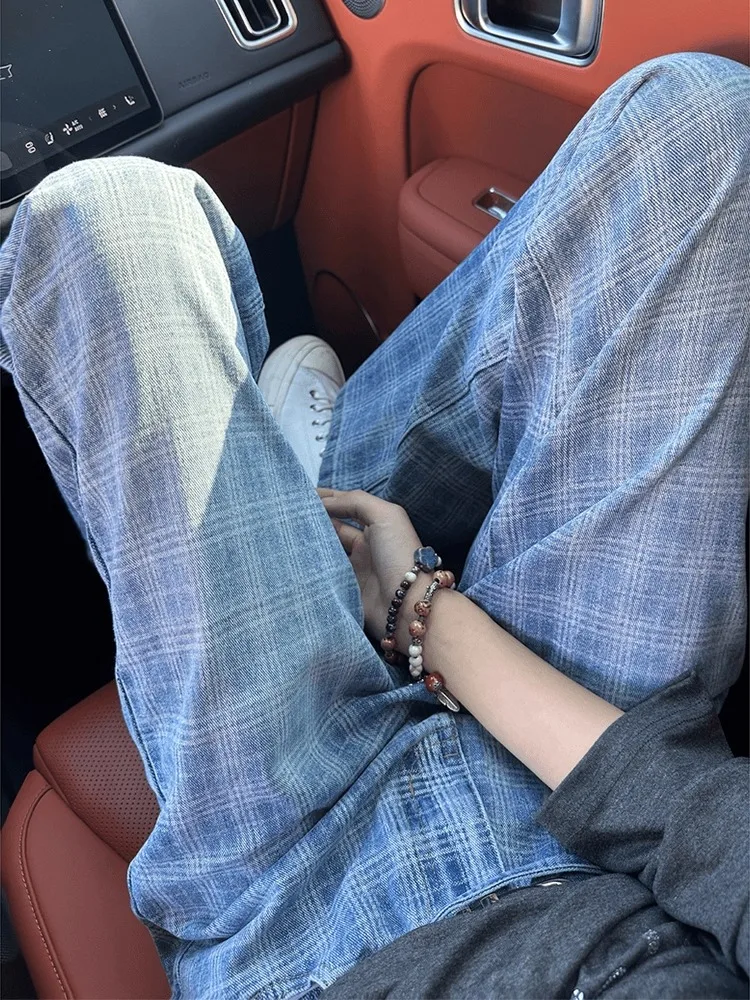 

Retro American Waed Men's Summer Thin Plaid Straight Leg Wide Leg Knife Pants High Waist Extended Micro Flared Jeans