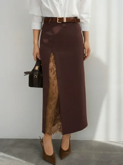 

Skirt for Women 2026 Spring Summer New Solid Color Side Slit Lace Patchwork Highh Waist Commuting A-Line Long Skirt
