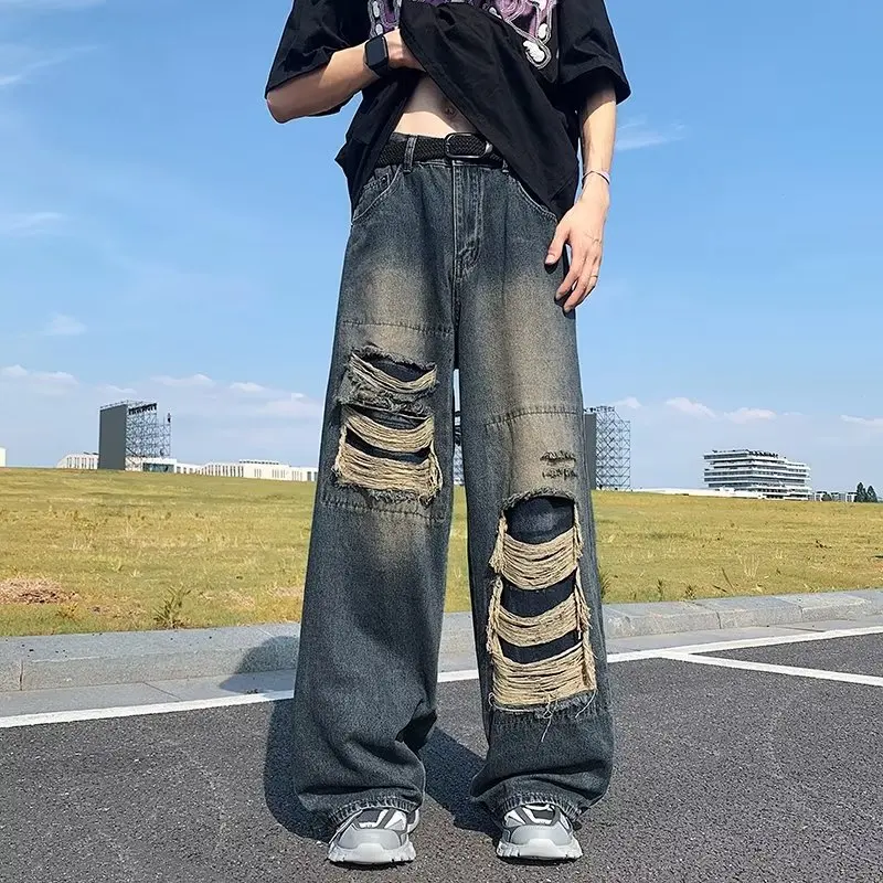 

Men's Summer Casual High Street Loose Straight Leg Jeans Vibe Trendy Wide Leg Floor-Length Long Pants Wear Resistant