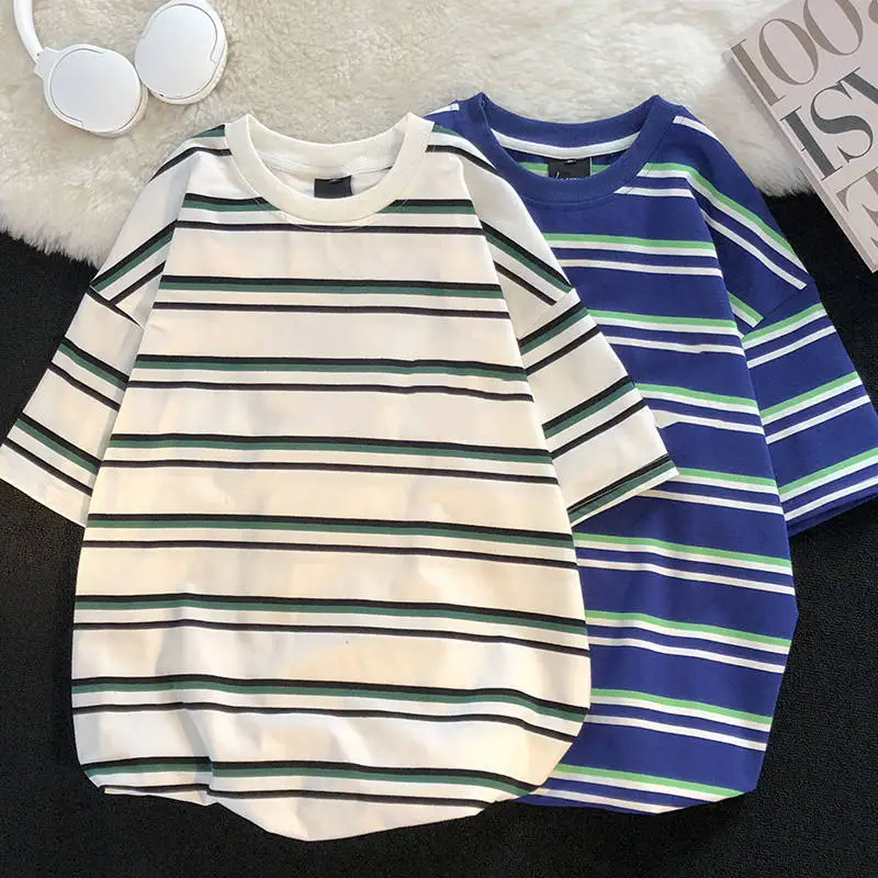 Southeast Asian Stripe T-Shirt Loose Short Sleeve Women's Fashion Brand Couple's Printed Linen Spring Summer 2023 T-Shirt