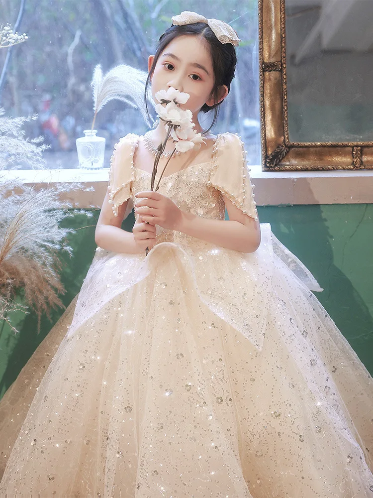 

Girls Evening Dresses Party Princess Gown Flower Girl Puffy Tulle Little Host Children's Piano Performance Costume Customized