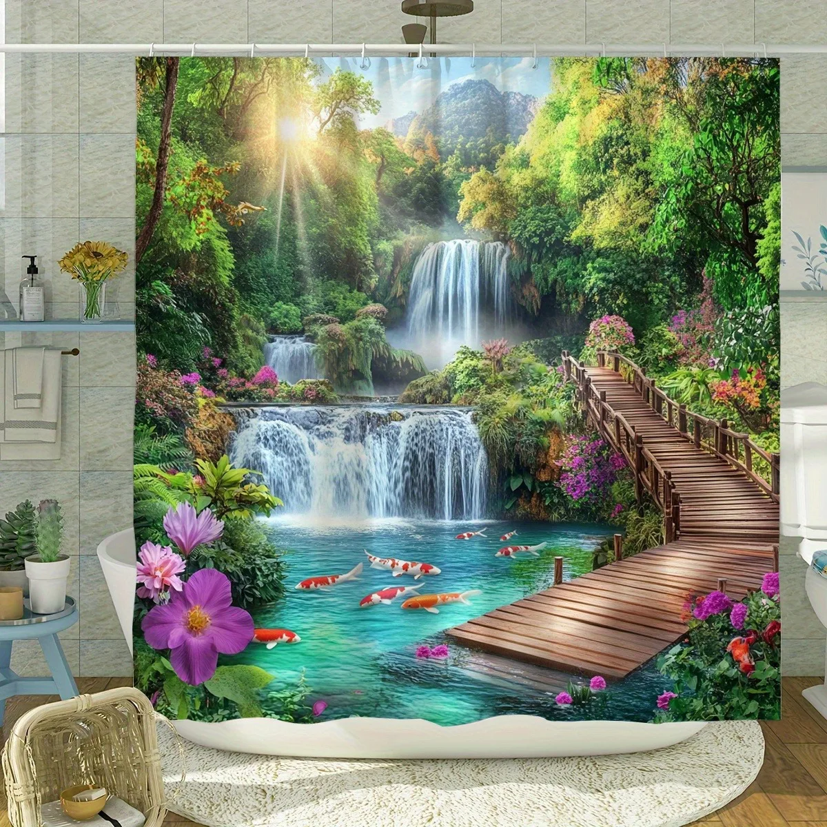 カラフルな森林の滝の風景シャワーカーテン洗える汚れに強いシャワーヘッド防水ポリエステルバスカーテン