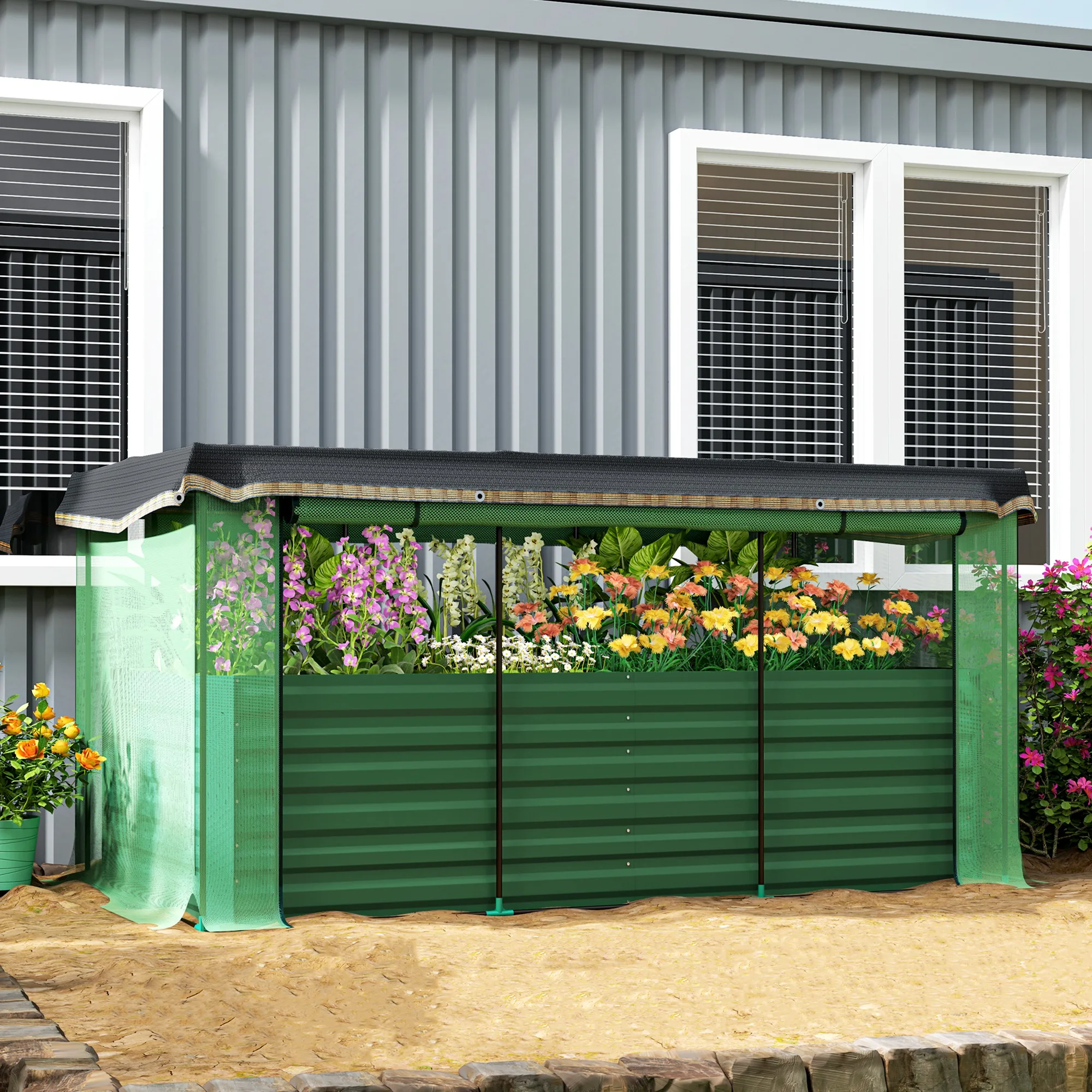 Galvanized Raised Garden Bed with Crop Cage & Shade Cloth, Green