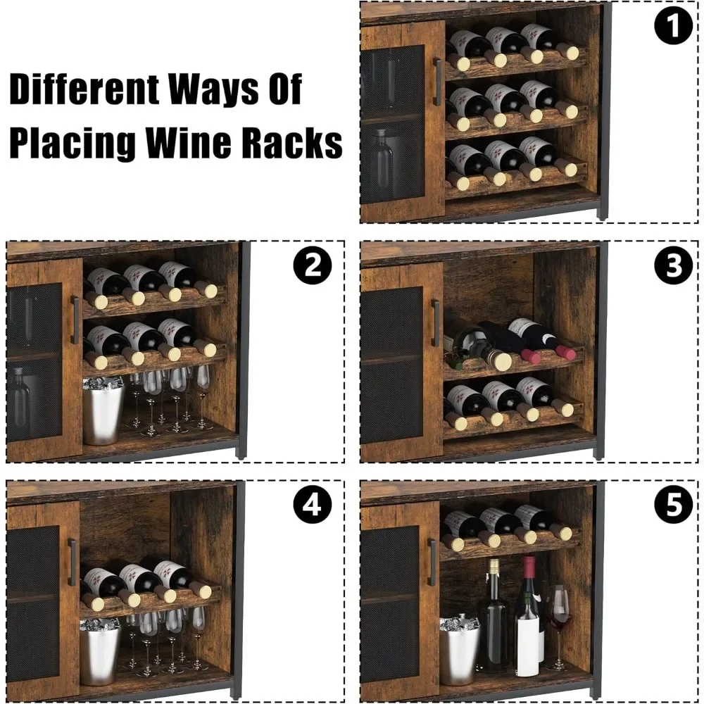 3-Tier Wine Bar Cabinet with Detachable Wine Rack and Storage Space, Buffet Cabinet with Glass Holder and Mesh Door, for Kitchen