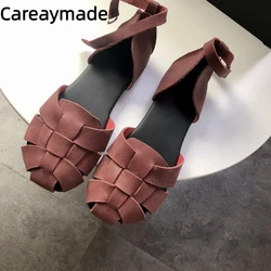 Careaymade-Sandalias de piel auténtica para mujer, zapatos Retro de punta redonda, con hebilla de cinturón, a la moda, 6 colores