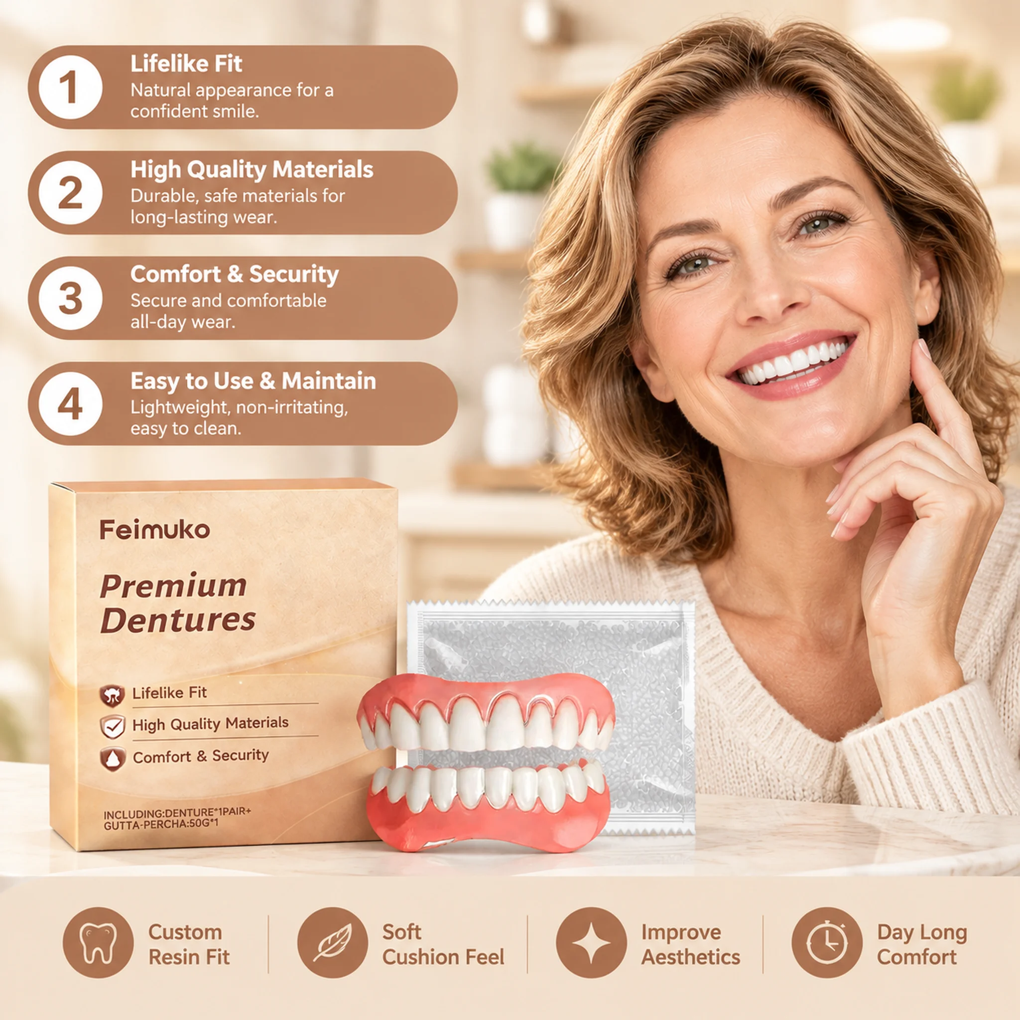 Feimuko Fake Teeth Decor Set Natural Fit Soft Dentures Upper Lower Veneers Beautiful Smile Enhancer Long Time Comfort Daily Use