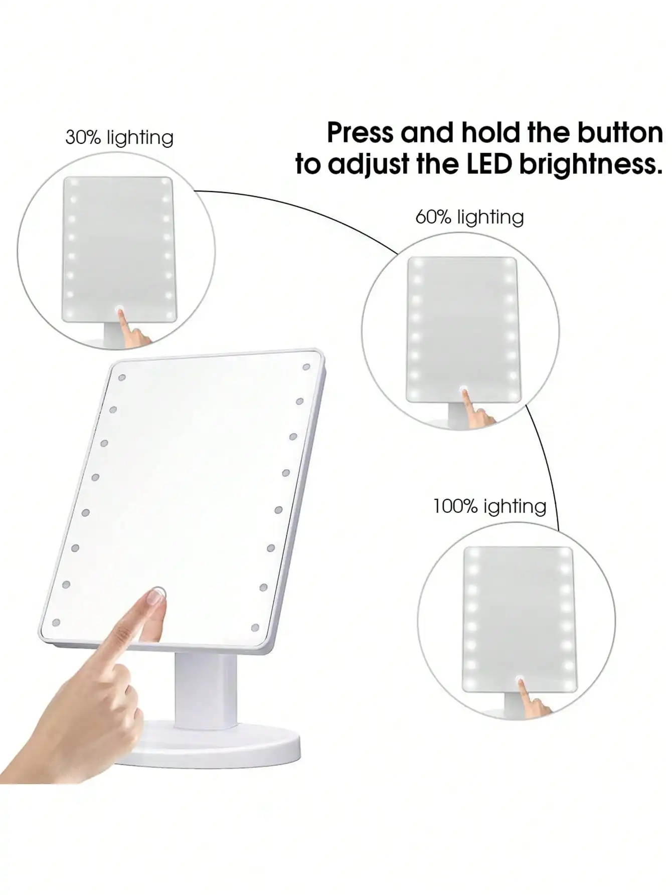 16 مرآة مكياج LED من نوع الطاولة، مرآة تجميل محمولة لسطح المكتب من جانب واحد، مع مساحة تخزين دوارة للمكياج الخفيف #3