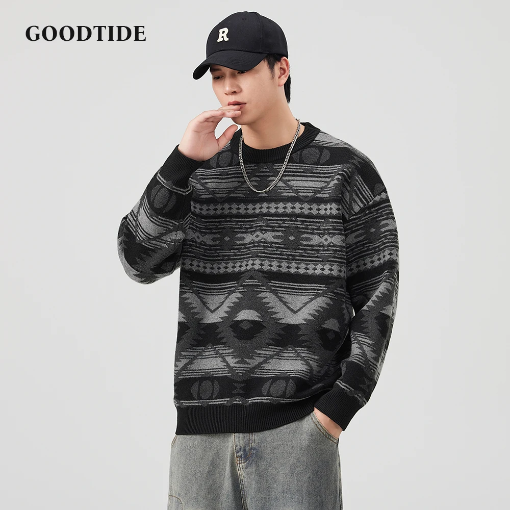 2025 Winter New Fashion Men's Ethnic Geometric Pattern Sweater Retro Crew Neck Knitted Pullover Soft Long Sleeve Jumper Top