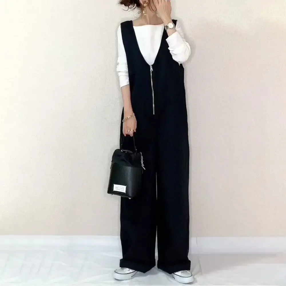 Summer's New Solid Color Zipper Back Strap One-piece Wide Leg Pants Show Thin and Drape Jumpsuit