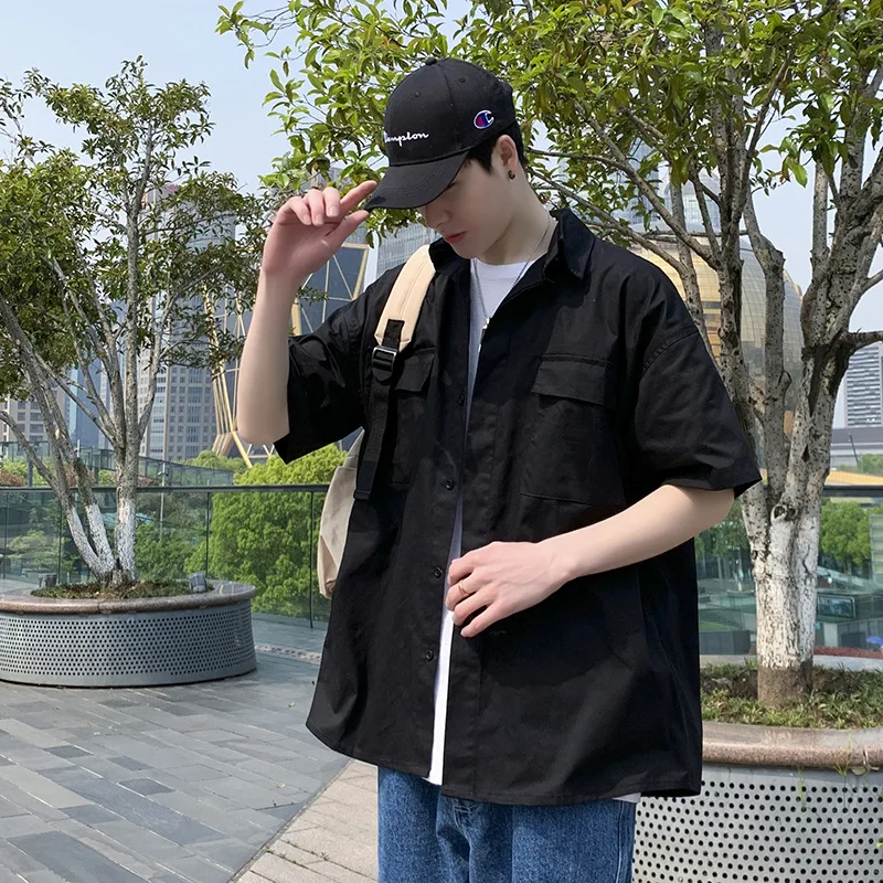 Summer Retro Functional Style Five-point Short-sleeved Work Shirt Men's Korean Style Loose Couple Casual