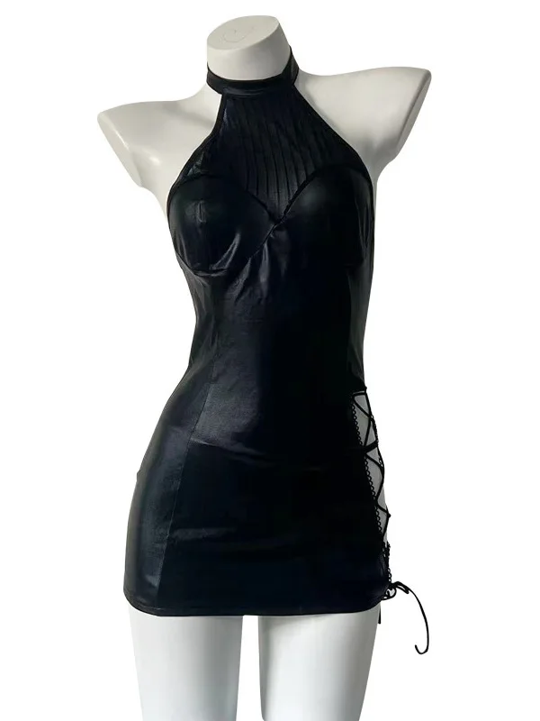 متعة الملابس الداخلية رغبة نقية ضيق مثير الملابس الجلدية فستان موحد أنيق معلق الرقبة نمط أسود سليم صالح الخصر 2870 V9KQ