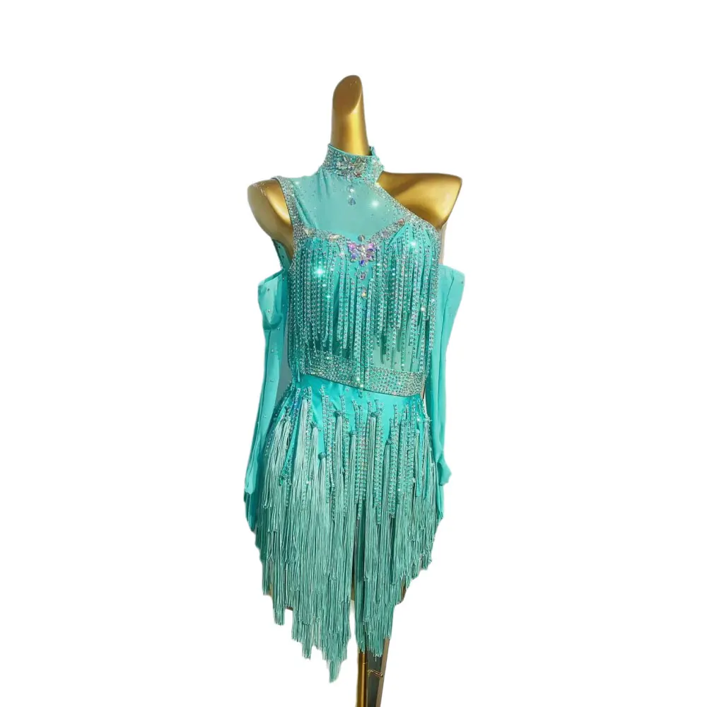 

Latin Dance Stage Women's High-end Customized Peacock Blue Diamond Chain Samba Rhinestone Art Performance Costume Dress