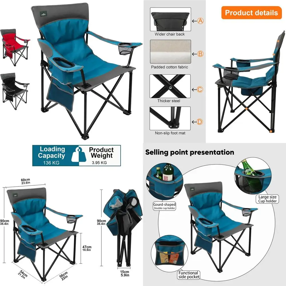 

Складное кресло для кемпинга, сверхпрочное, выдерживает до 136 кг, для походов, пикников, патио, пляжа, рыбалки (синее)