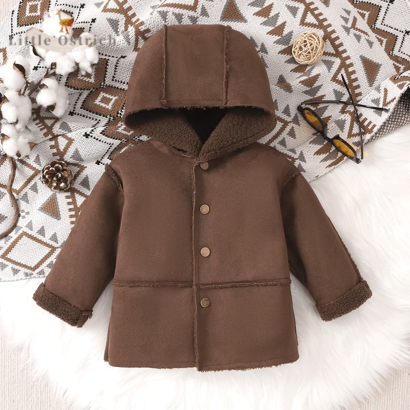 

Newborn Baby Girl Boy Fleece Inside Hooded Jacket Infant Toddler Child Long Sleeve Coat Button Solid Outwear Baby Clothes 9M-3Y