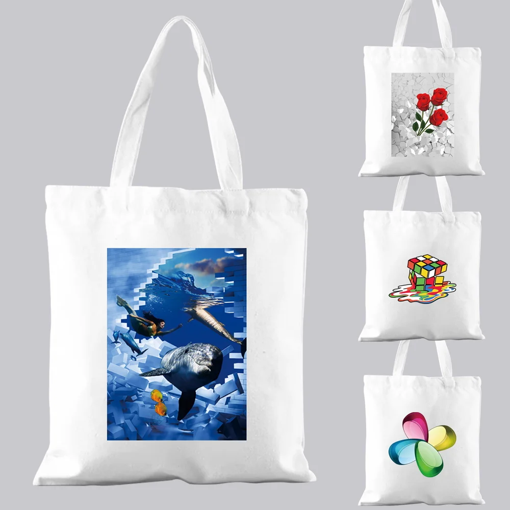 Women White Shopping Bag Casual Handbag Commuter Large Capacity Cartoon 3D Pattern Printed Canvas Shoulder Bag Tote Bag Reusable