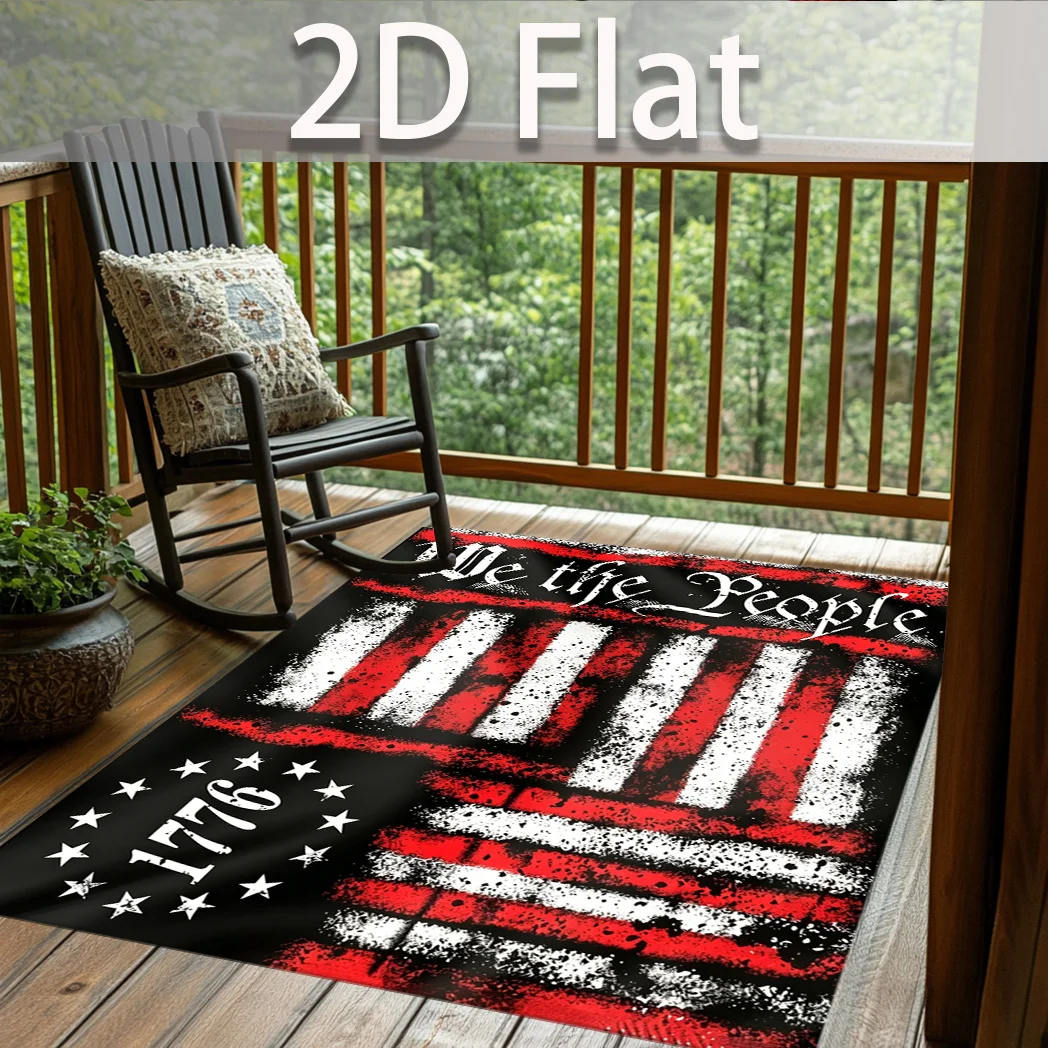 1pc 2D Flat We The People American Flag Pattern Rectangular Non‑Slip Area Rug, Independence Day Decor, Perfect for Living Room