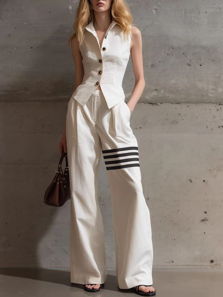 Fashionable Solid Color Sleeveless Single Breasted Waist Cinched Shirt Casual Pants Set Women's Elegant Commuting Two-piece 2026