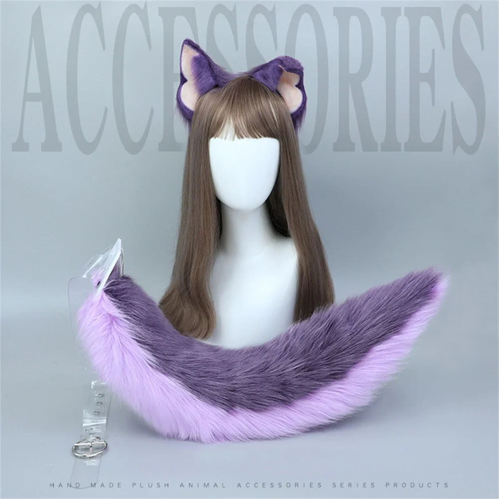 

3 Colors Purple Furry Cosplay Wolf Foxes Cat Ear Headgear Tail Lolita Gothic Party Hand-made Animal Ear Plush Hair Band Tail Set