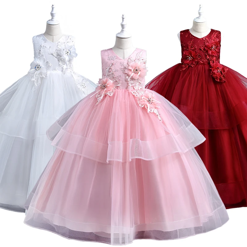 

Flower Young Girl Tiered Long Wedding Bridesmaids Elegant Dresses for 5-14Years Formal Children's Communion Celebration Dress