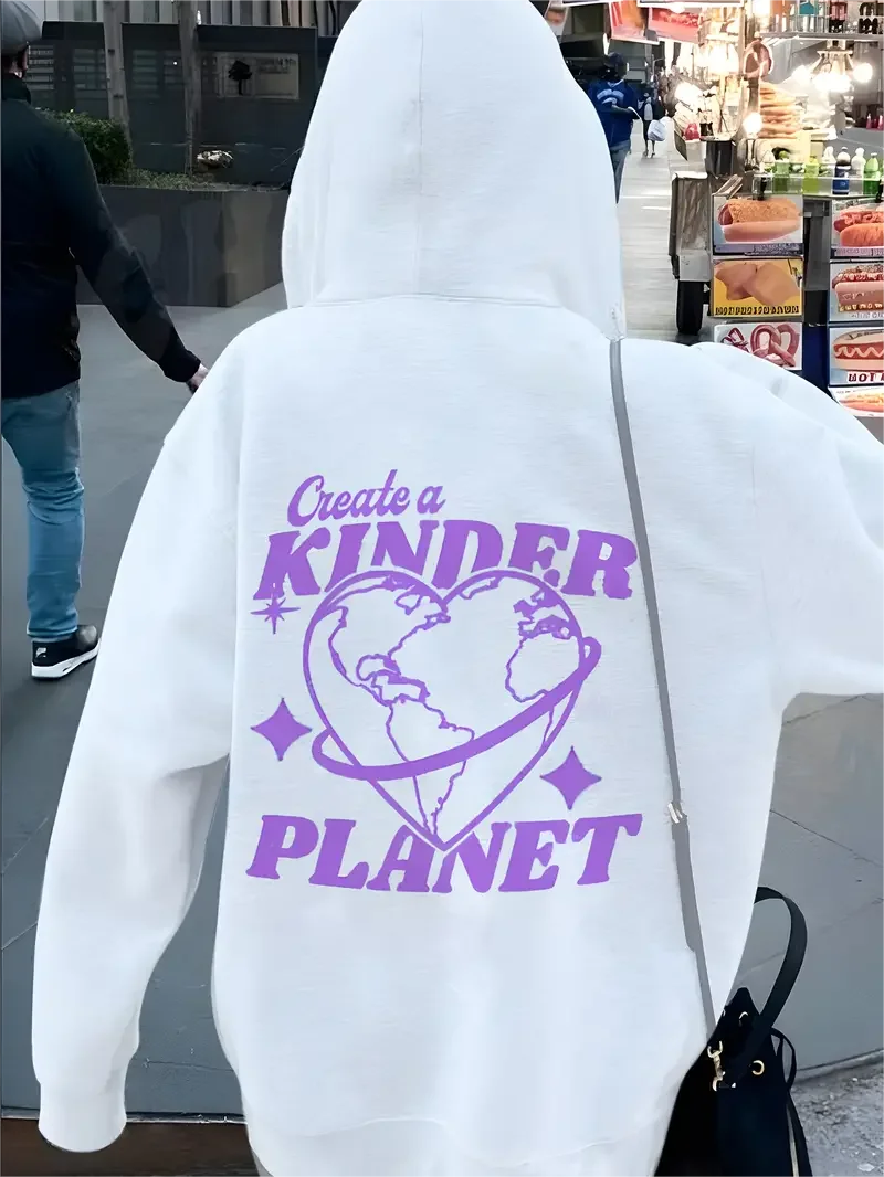 A Kinder Planet Print Hoodie Casual Drawstring Hooded Sweatshirt For Winter & Fall Women's Clothing