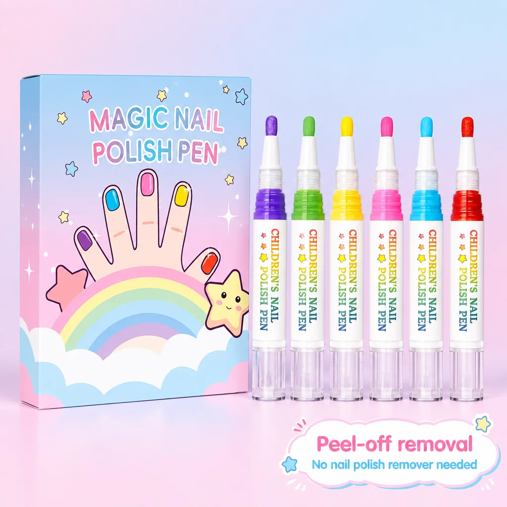 6pcs  Peel Off Nail Polish Kit Pretend Play Makeup Nail Art Safe Water-Based Formulas Quick Drying Easy Peel-Off Manicure Toy