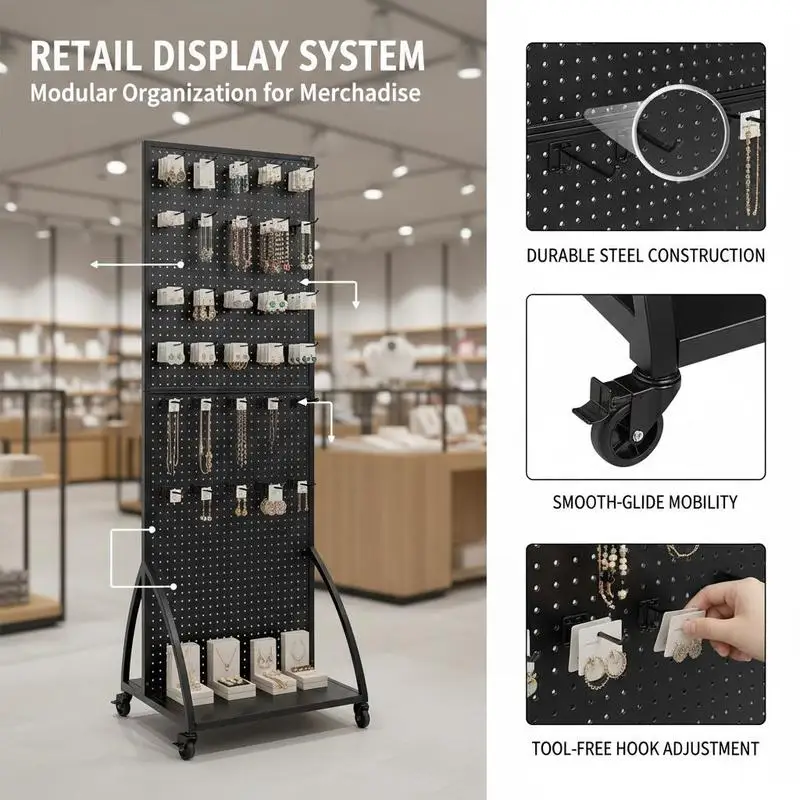 Mobil Sergi Rafı 23,7 x 66 inç Perakende Mağazası, Kuyumcu, El Sanatları Fuarı İçin, Soğuk Haddelenmiş Çelik Pegboard Panel, Tekerlekler, 30 Kancalı, Çift Taraflı Taban Plakası, Siyah