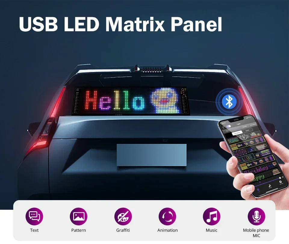 Car LED Matrix Pixel Panel  Bluetooth APP Control DIY RGB LIghting Graffiti Scrolling Text Display Board for Window Display