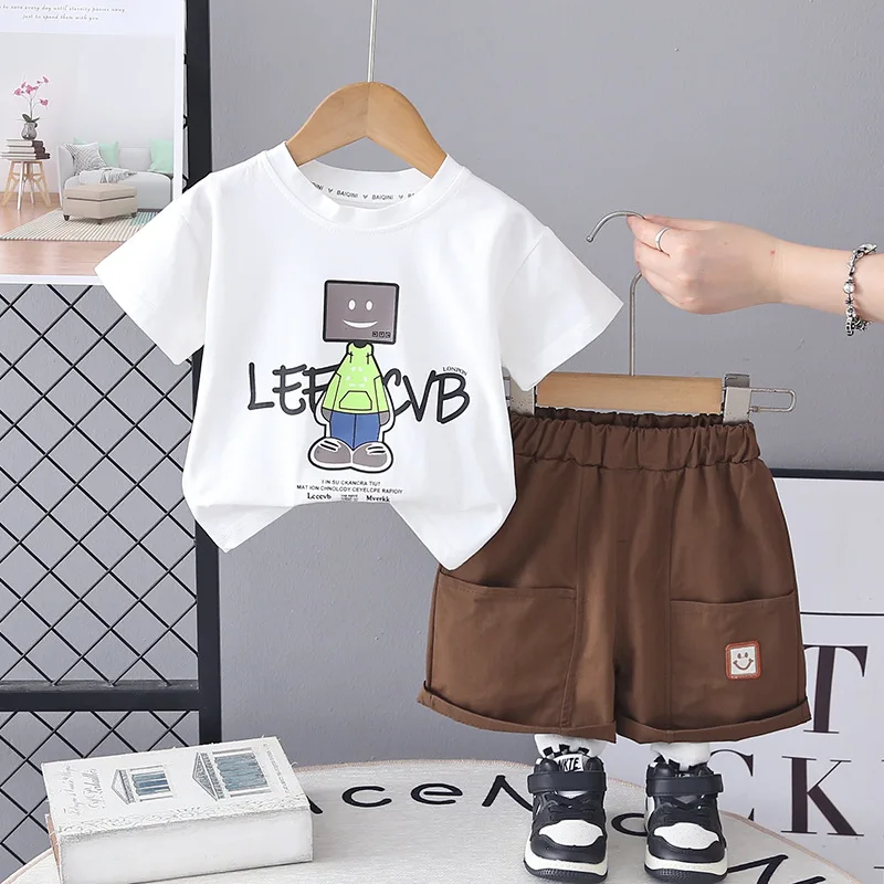 Boys Summer Holiday Outfit Kids Casual Robot Print T-shirt and Shorts Set Children Daily Wear Toddler Baby Clothes for Outdoor