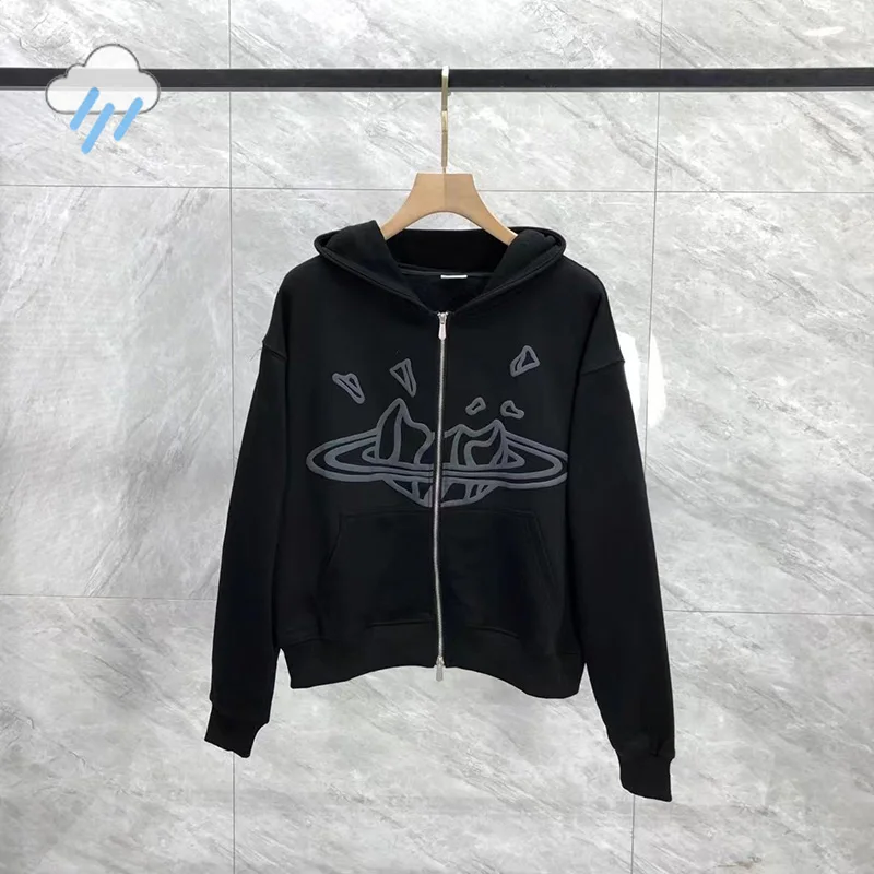 

Best Quality Cotton Black Gray Zipper Coats Men Women Casual Fashion Foam Logo Print Broken Planet Hoodie Loose With Tags