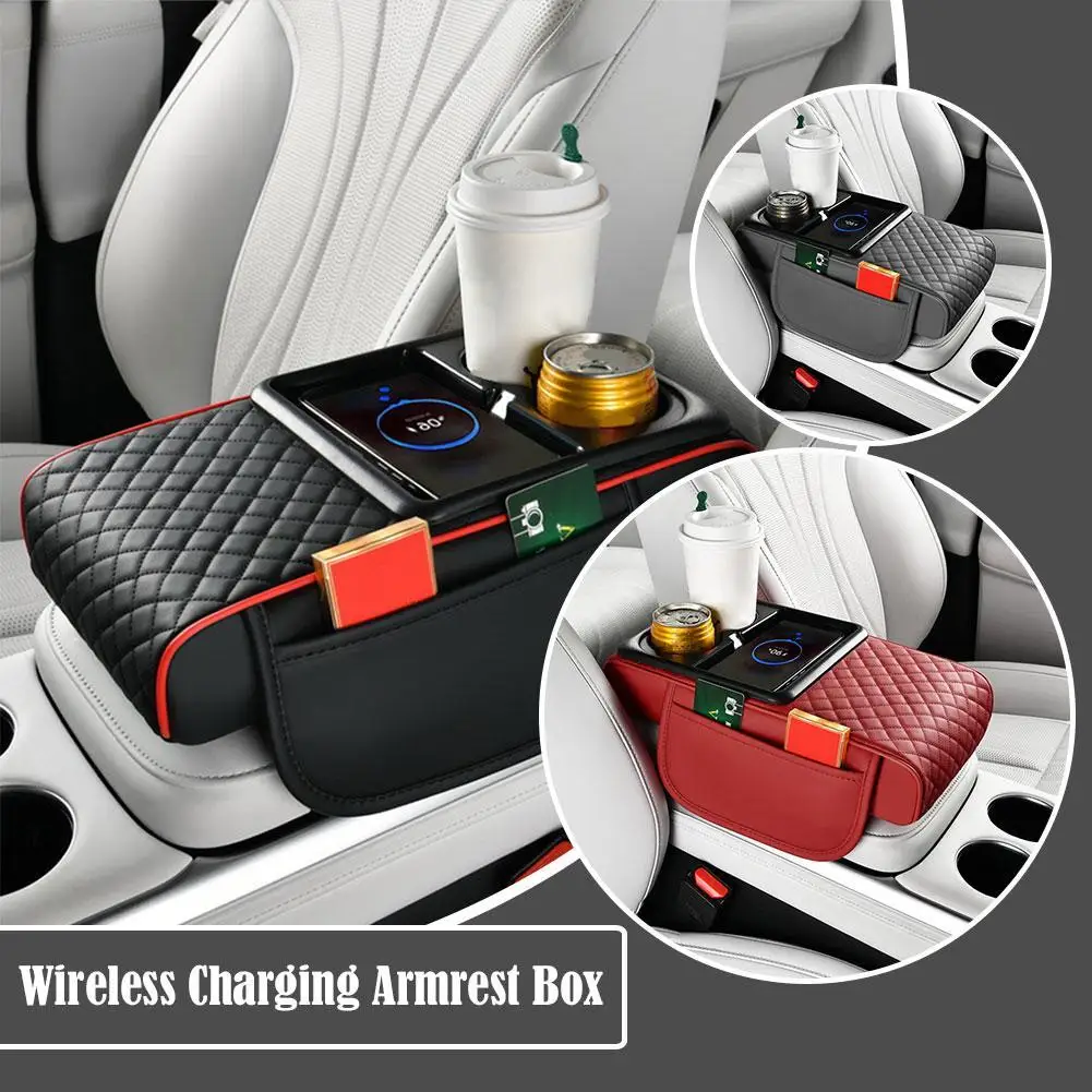 

15W Wireless Charging Car Armrest Box Storage Box Cup Holder Tissue Box Organizer Thicken Height Arm Rest Cushion Car Accessory