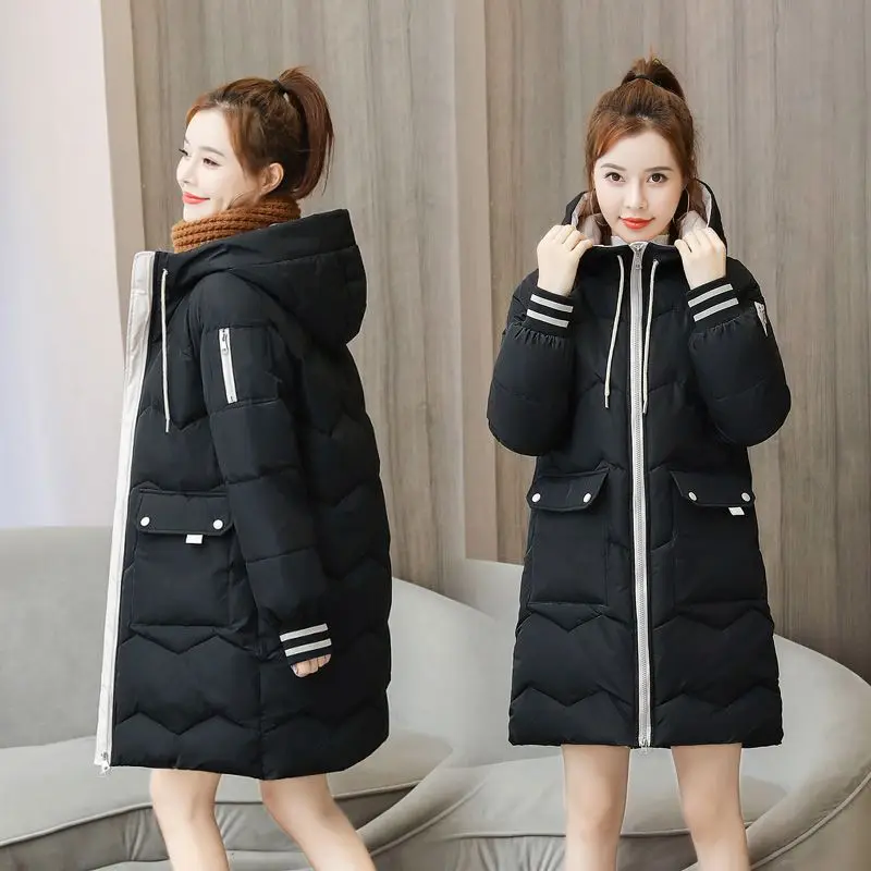 Women's Zipper Jacket 2024 Autumn New Mid Length Down Hooded Cardigans With Pockets Korean Loose Winter Cotton Coat Women Tops