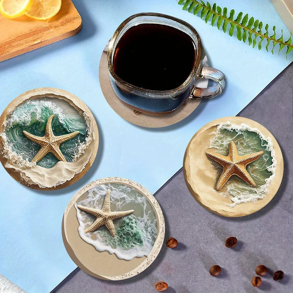 4in Exquisite Wave Starfish Theme 2D Wooden Coaster Summer Wave Coffee Shop Decoration Family Kitchen Tableware Beachfront Hotel