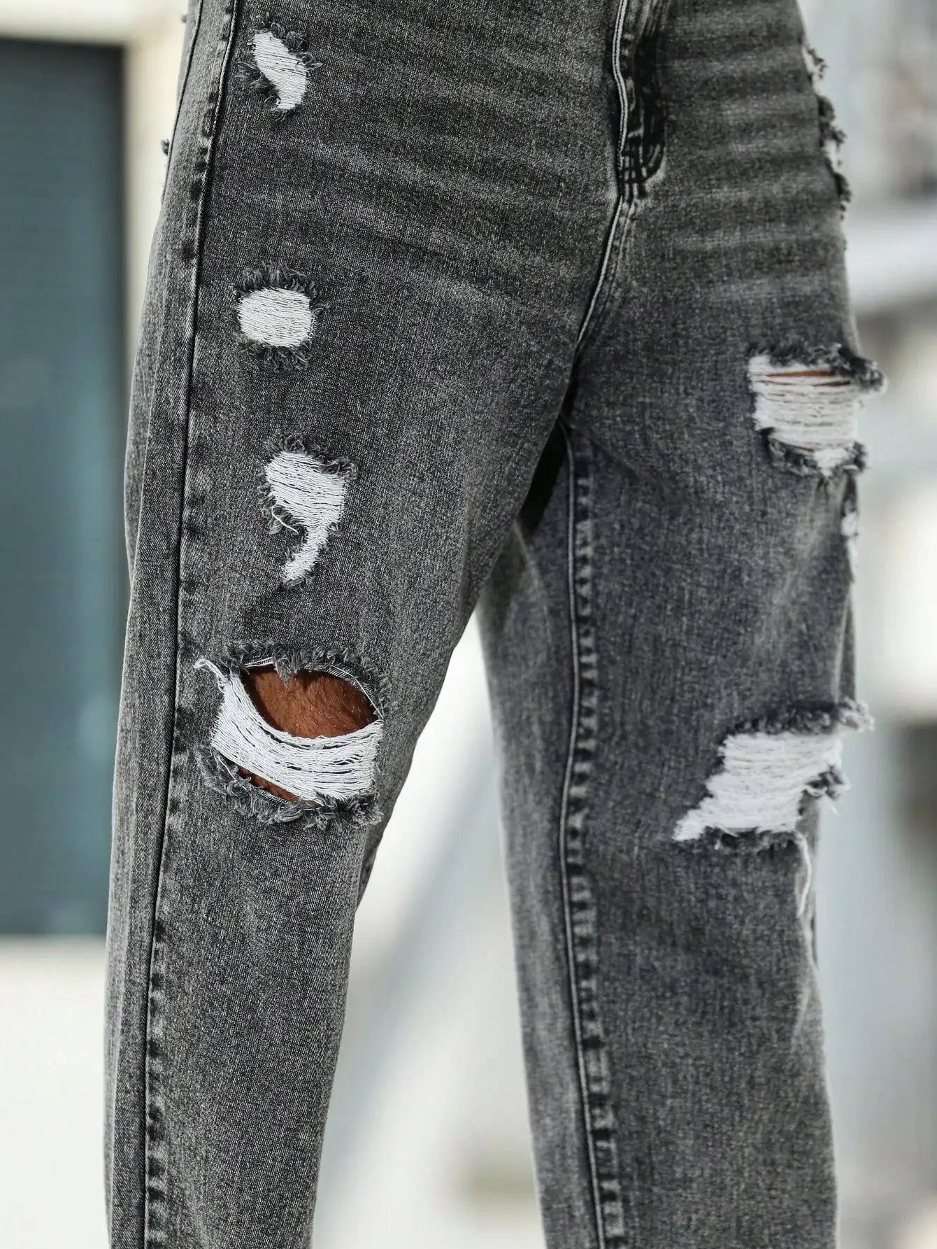 جينز ممزق للرجال لفصل الربيع والخريف، سروال حريم رمادي داكن. أسلوب الشارع. الاتجاه غير الرسمي. #6