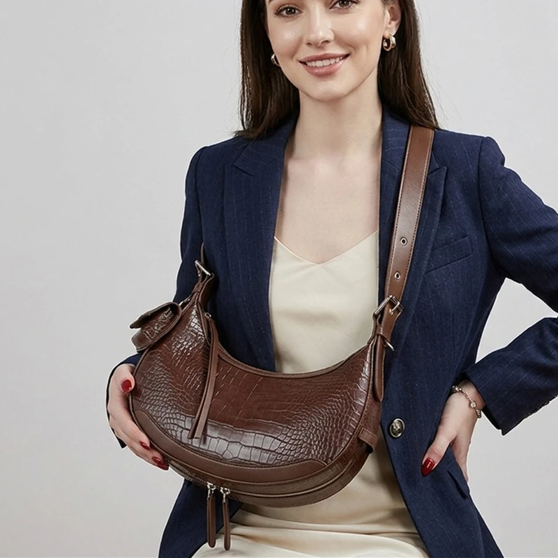 BURMINSA Luxury Genuine Leather Hobo Crossbody Bags For Women Crocodile Pattern Cowhide Shoulder Handbags Half Moon Work Purses