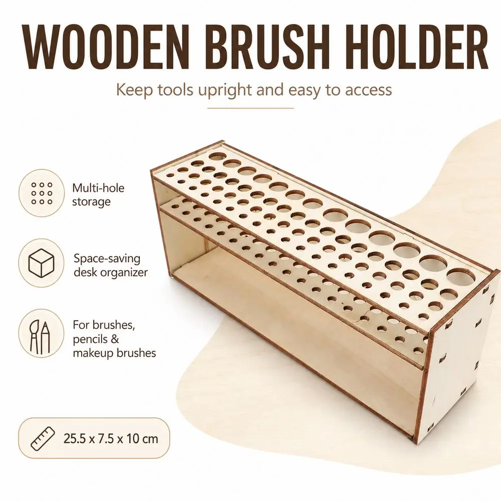 Wooden Paintbrush Organizer Multi Hole Space Saving Makeup Brush Holder Natural Wood Style Open Slot Structure Brush Holder
