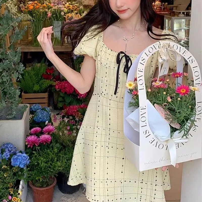 

Fashionable Square Collar Drawstring Dresses Women's Clothing Plaid Summer French Style Puff Sleeve Aura Waist A-Line Mini Dress