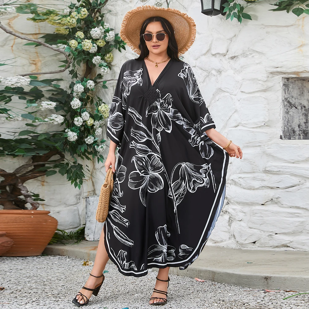 

Женское платье в стиле бохо, пляжное платье-кафтан большого размера контрастного цвета с V-образным вырезом и тканым дизайном свободного покроя