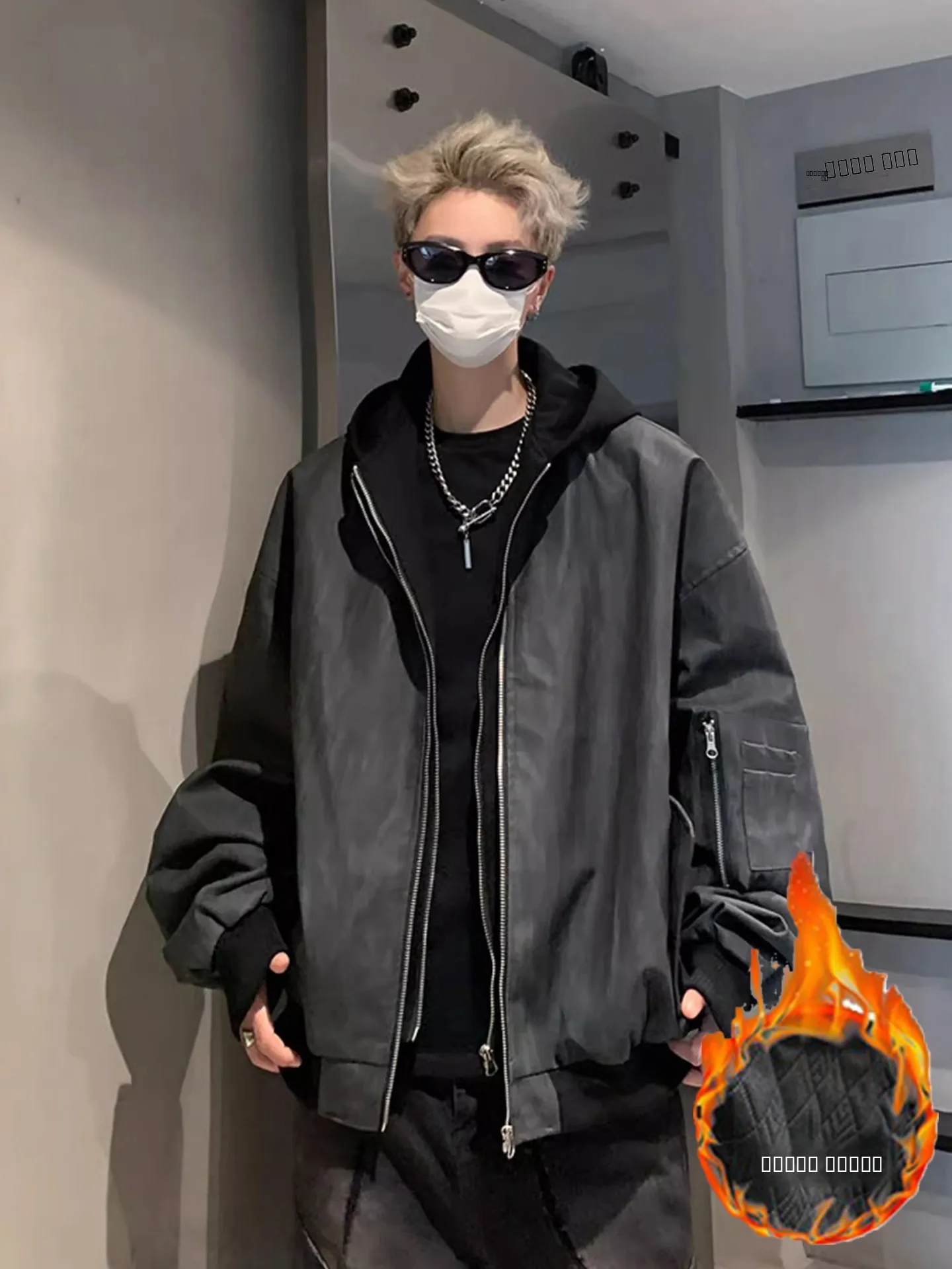 

Thiened PU Leather Texture Cotton Jaet Men's American Sle Flight Jaet High Street Cool Warm Casual Hooded Coat