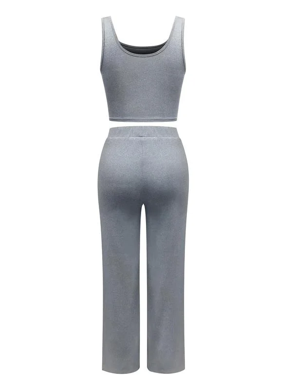 Damen 2-Teiliges Outfit Ärmelloses U-Ausschnitt Crop Tanktop Hochgeschnittene Weite Hose Set Einfarbiger Lässiger Lounge-Trainingsanzug Streetwear – Detail 3