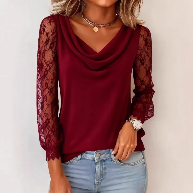 Women Cowl Neck Blouse Lace Splice 3 4 Sleeve Spring Summer Casual Loose Ladies T Shirt view 6