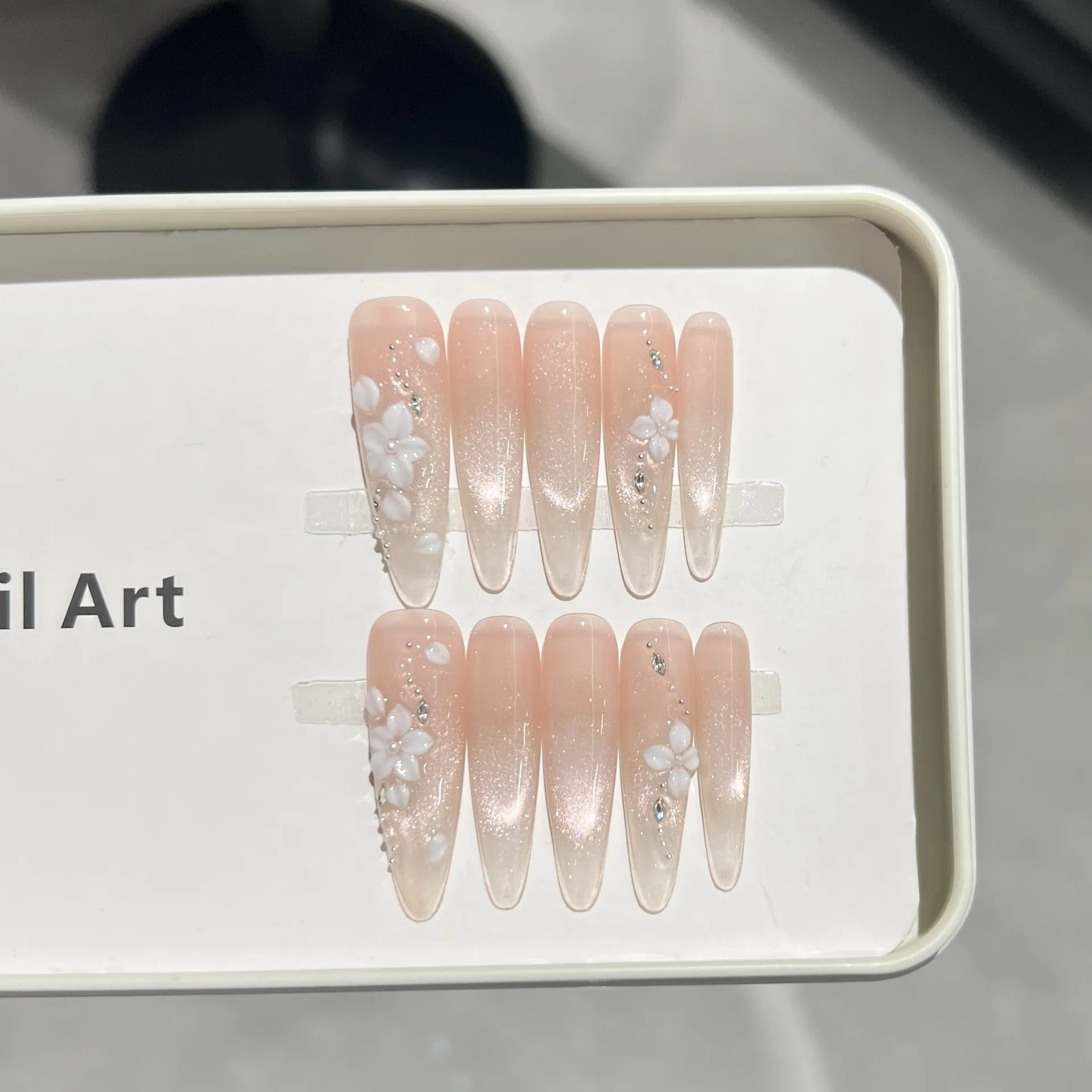 

10pcs French Cat Eye Almond Handmade Press on Nails 3D Flower Fake Nails Long False Nails Artificial Nail Накладные Ногти Uñas