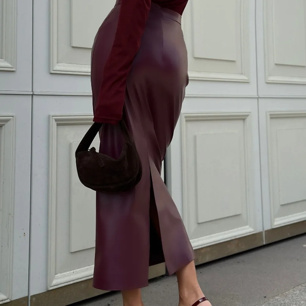 ZAROY Burgundy Leather Midi Skirt Women Elegant High Waist Slim Split Pencil Skirt Sexy Vintage Party PU Skirt Jupe юбка д