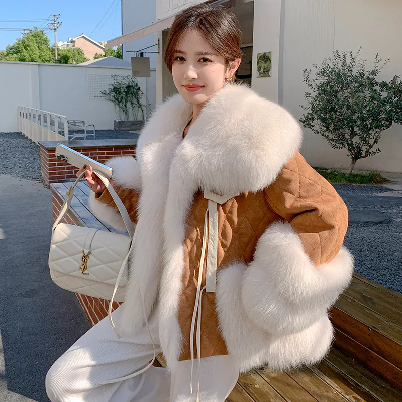 

Winter The New Real Fox Fur Luxury Women Fur Coat Fashion Loose Type Keep Warm Liner Down Oversized Collar Hem High EndApparel