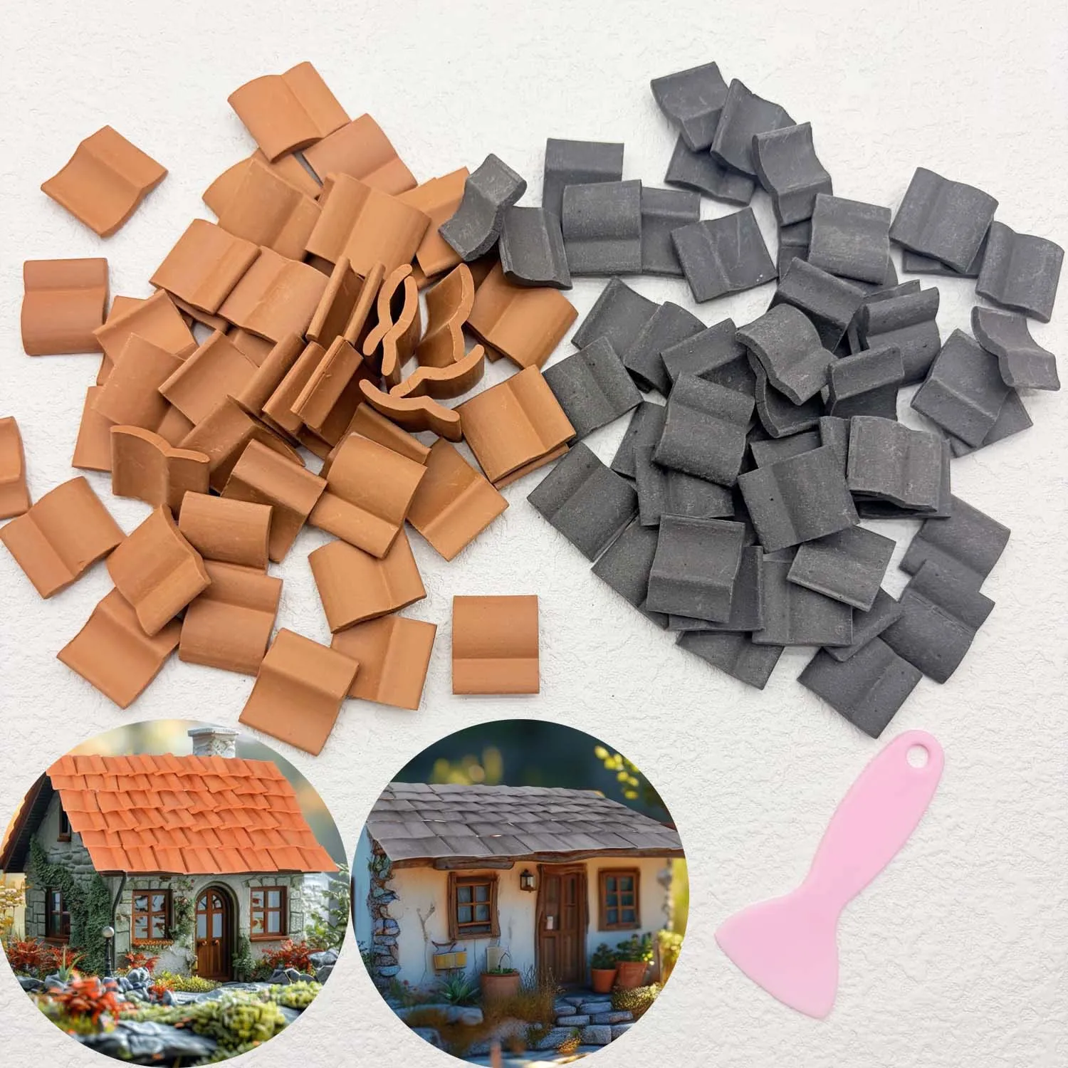 Tejas Miniatura de Arcilla, Tejas de Arcilla en Miniatura para Techos de Casas de Muñecas, Modelos de Construcción DIY para Paisajismo de Jardines con Raspador