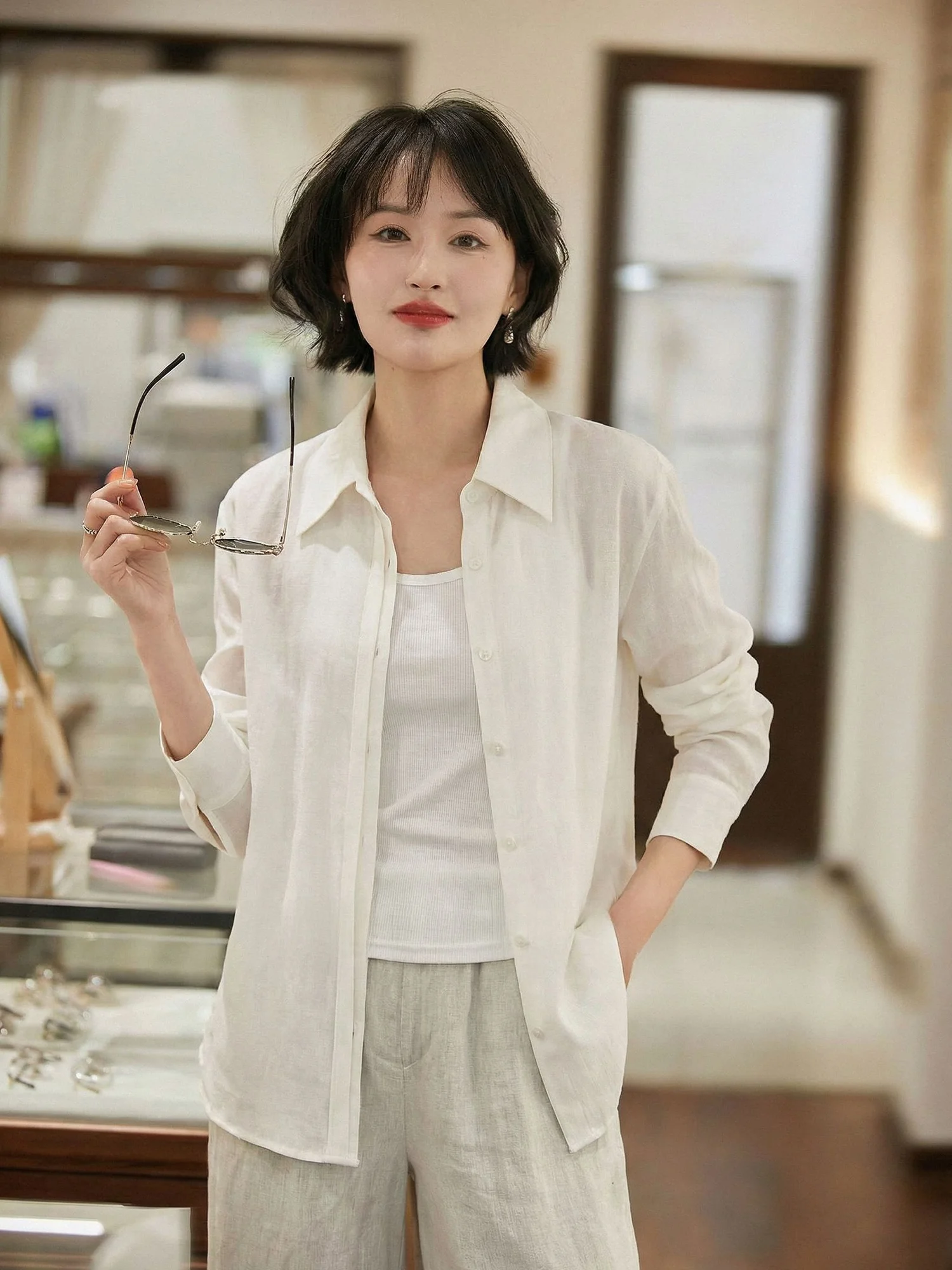 

Женская рубашка Chivirin из смесового хлопка и льна с длинным рукавом, приталенная, универсальная, для весеннего повседневного образа, с открытым воротом, в стиле кардигана, модная