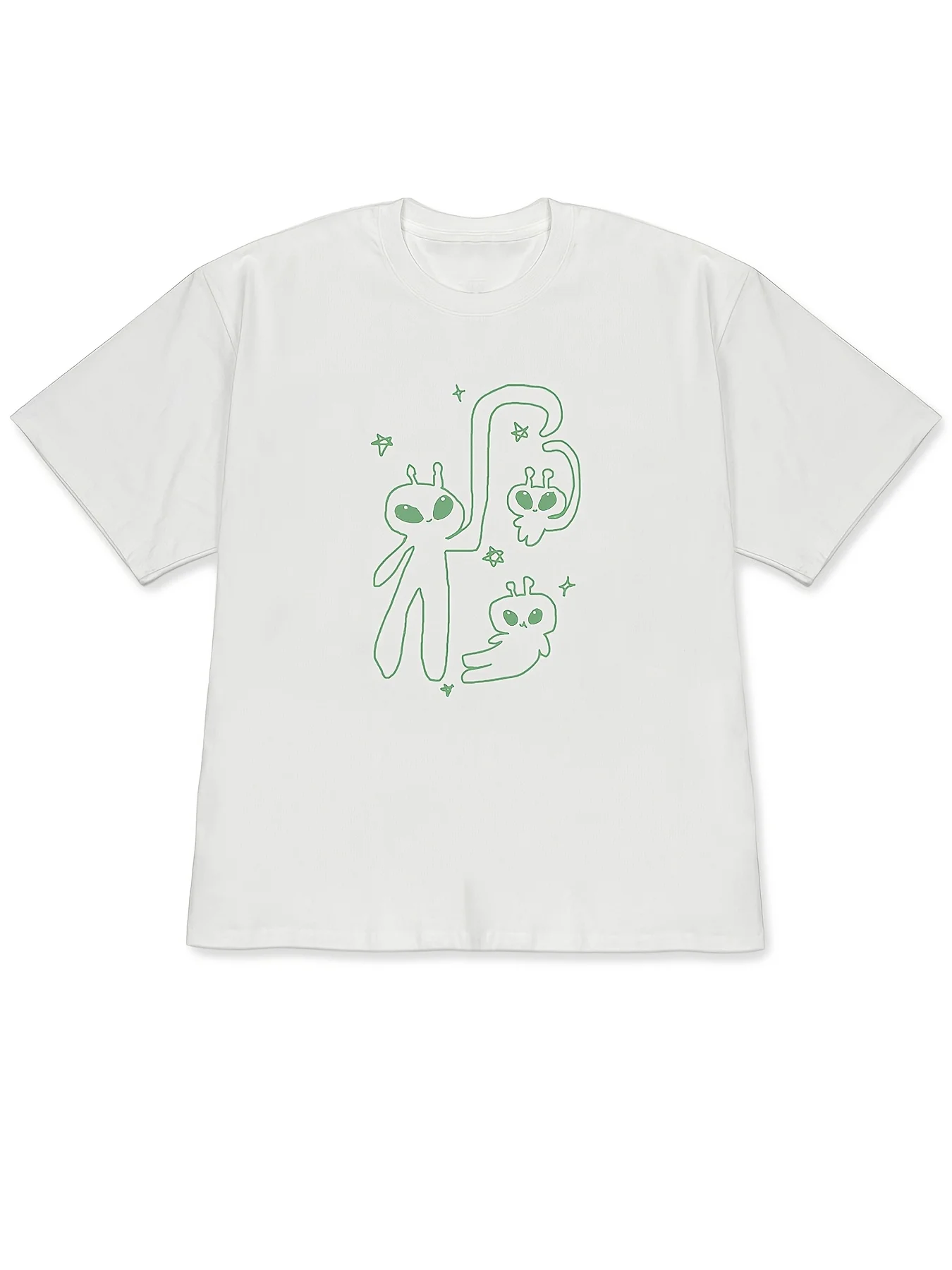New style dropped-shoulder short-sleeve T-shirt featuring a minimalist and cute green single-line illustration of three aliens, designed for daily streetwear. It offers a simple and cute style, comfortable and skin-friendly, perfect for fans of minimalist